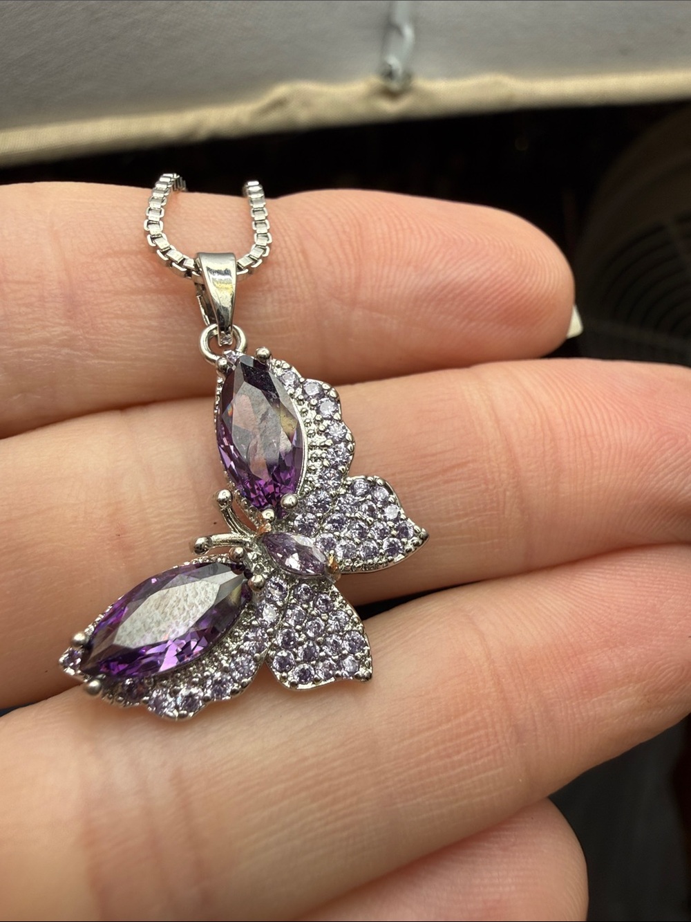 Silver Butterfly Pendant Necklace with Purple Crystals